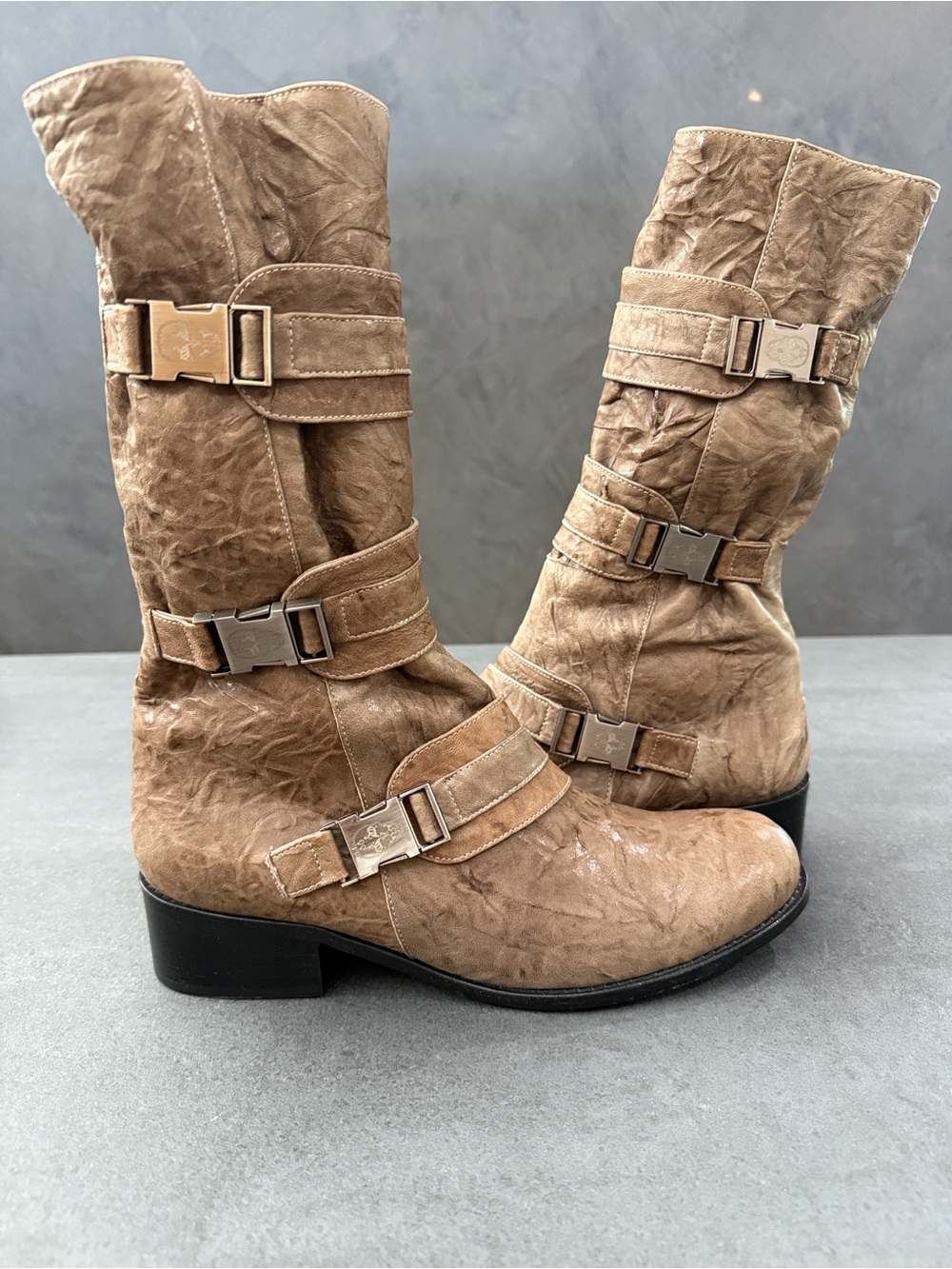 Thomas Wylde Moto Distressed Wrap-Strap Mid-Calf Heeled Boots size 10 Color Ash